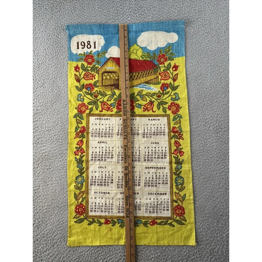 Vintage 1981 Calendar Tea Towel 16x29 Country Cottagecore Floral